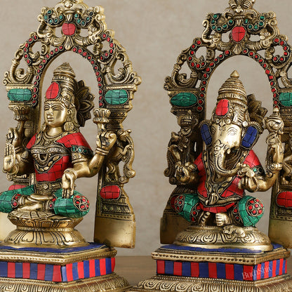 Brass Lord Ganesha and Goddess Lakshmi Idols with meenakari Stonework 12 inch