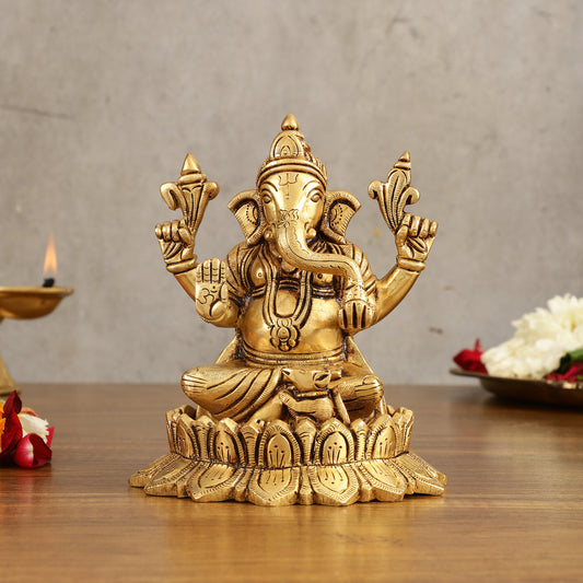 Pure Brass Handcrafted Lord Ganesha on Lotus Idol - 6 in Height