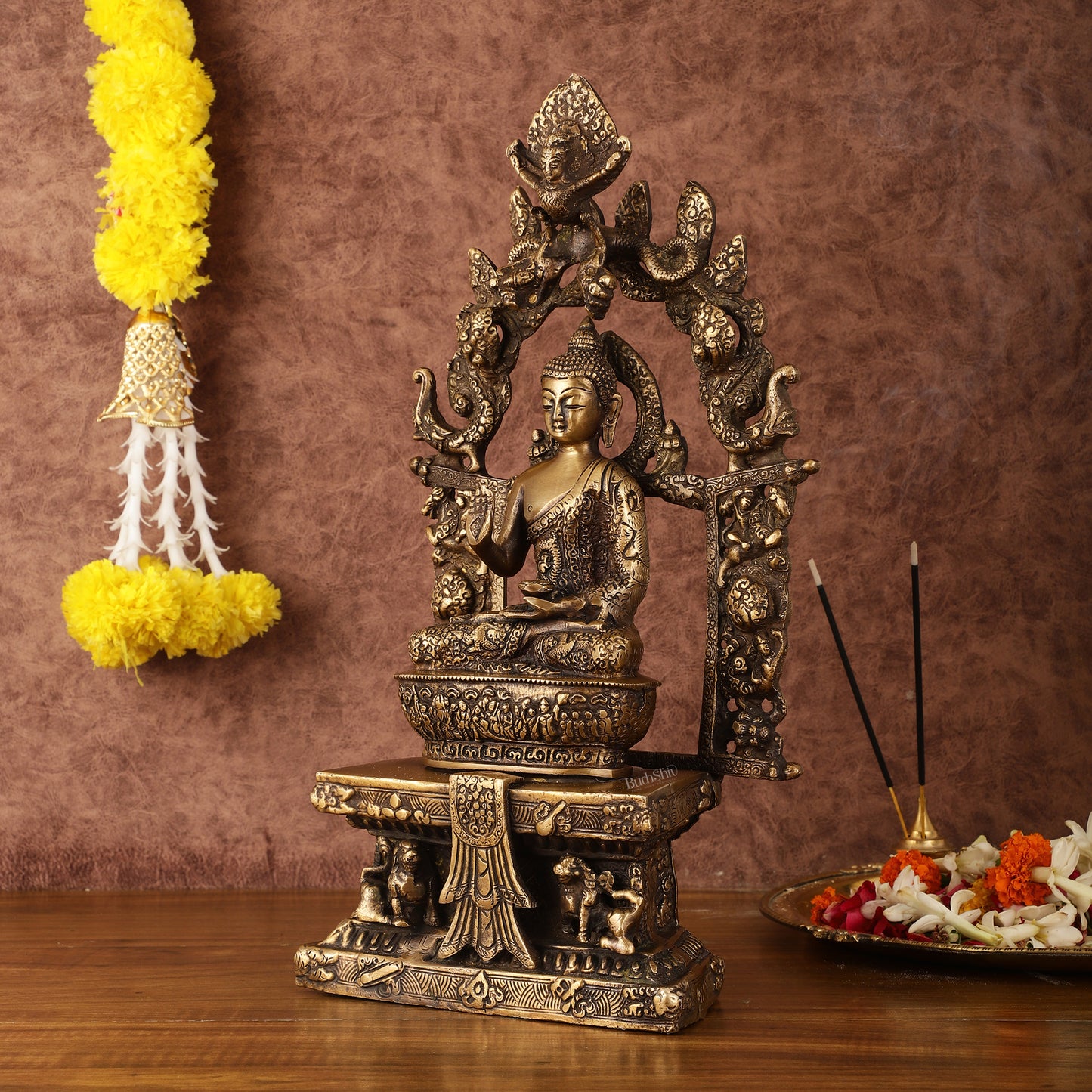 Pure Brass Buddha Seated on Engraved Aasan and Arch - 16"