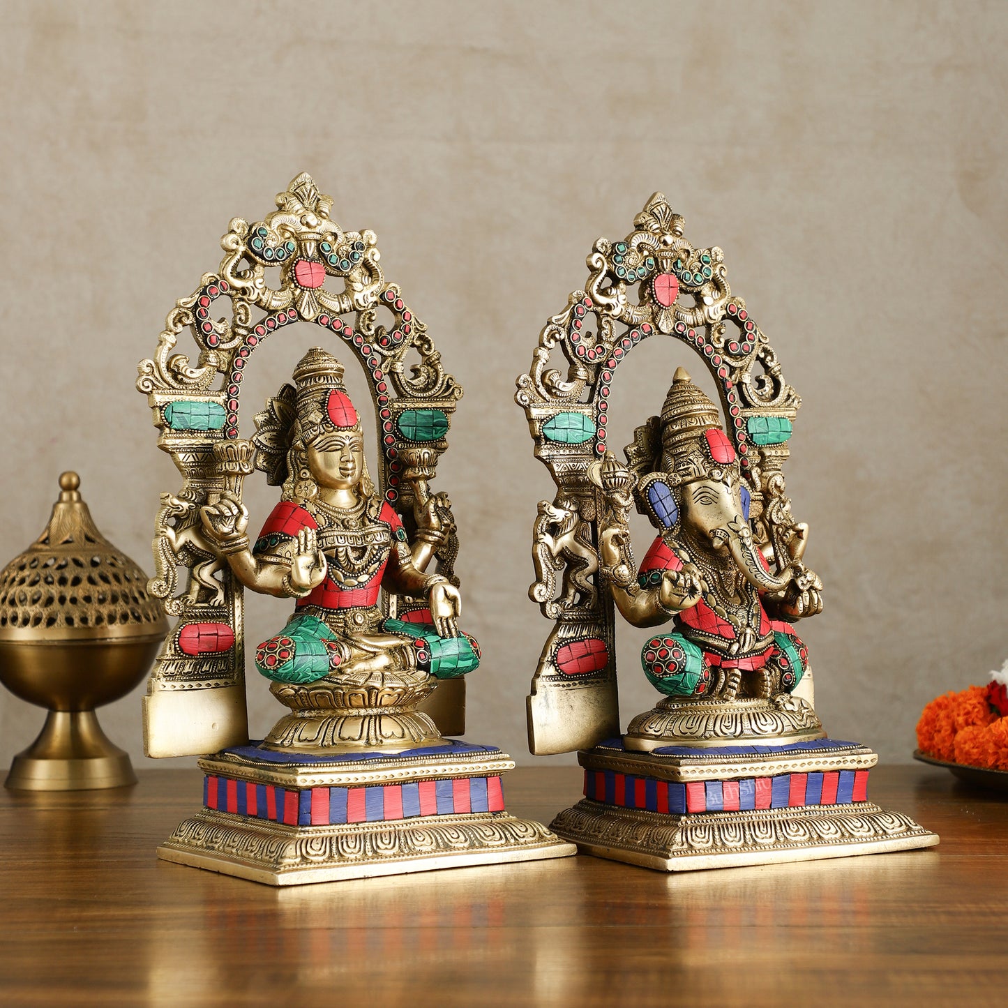 Brass Lord Ganesha and Goddess Lakshmi Idols with meenakari Stonework 12 inch