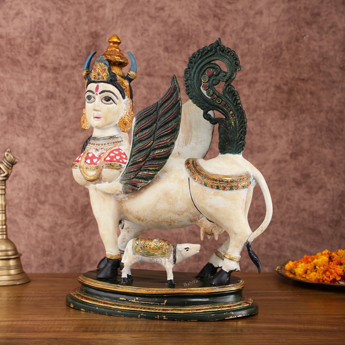 Vintage Rajasthani hand painted Brass Kamdhenu Cow with calf  Statue | 16.5"