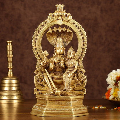 Pure Brass Vishnu Lakshmi Seated on Sheshanaaga Idol 10 inch