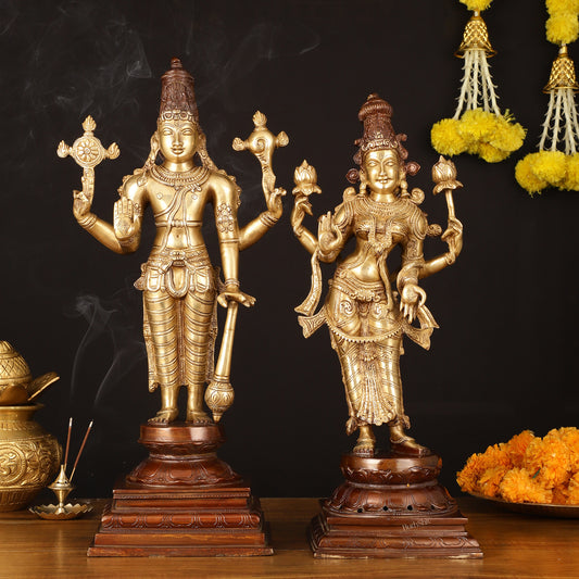 Brass Superfine Vishnu and Goddess Lakshmi Statues - Elegant Dual Tone Pair 20.5"