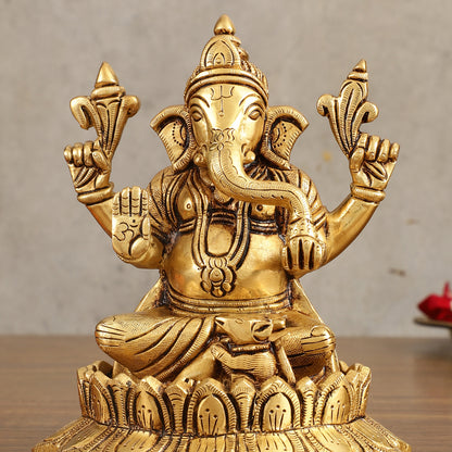 Pure Brass Handcrafted Lord Ganesha on Lotus Idol - 6 in Height