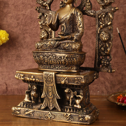 Pure Brass Buddha Seated on Engraved Aasan and Arch - 16"