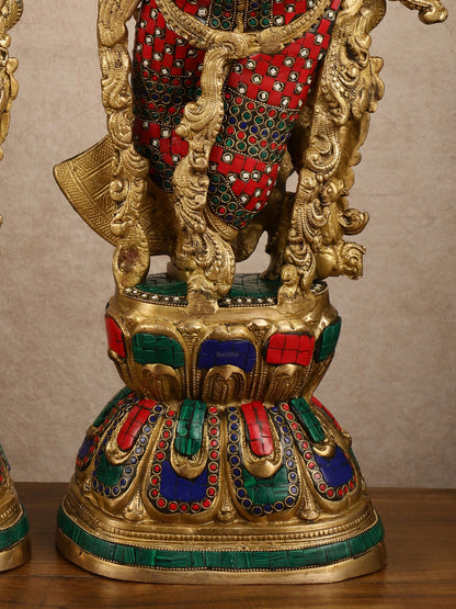 Pure Brass Radha Krishna with Stonework Meenakari | 30x11x6 Inches