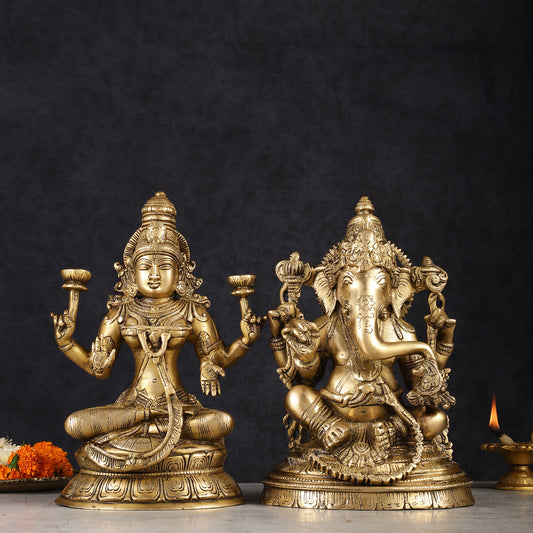 Finely Crafted Pure Brass Ganesh Lakshmi Idol Set 10"