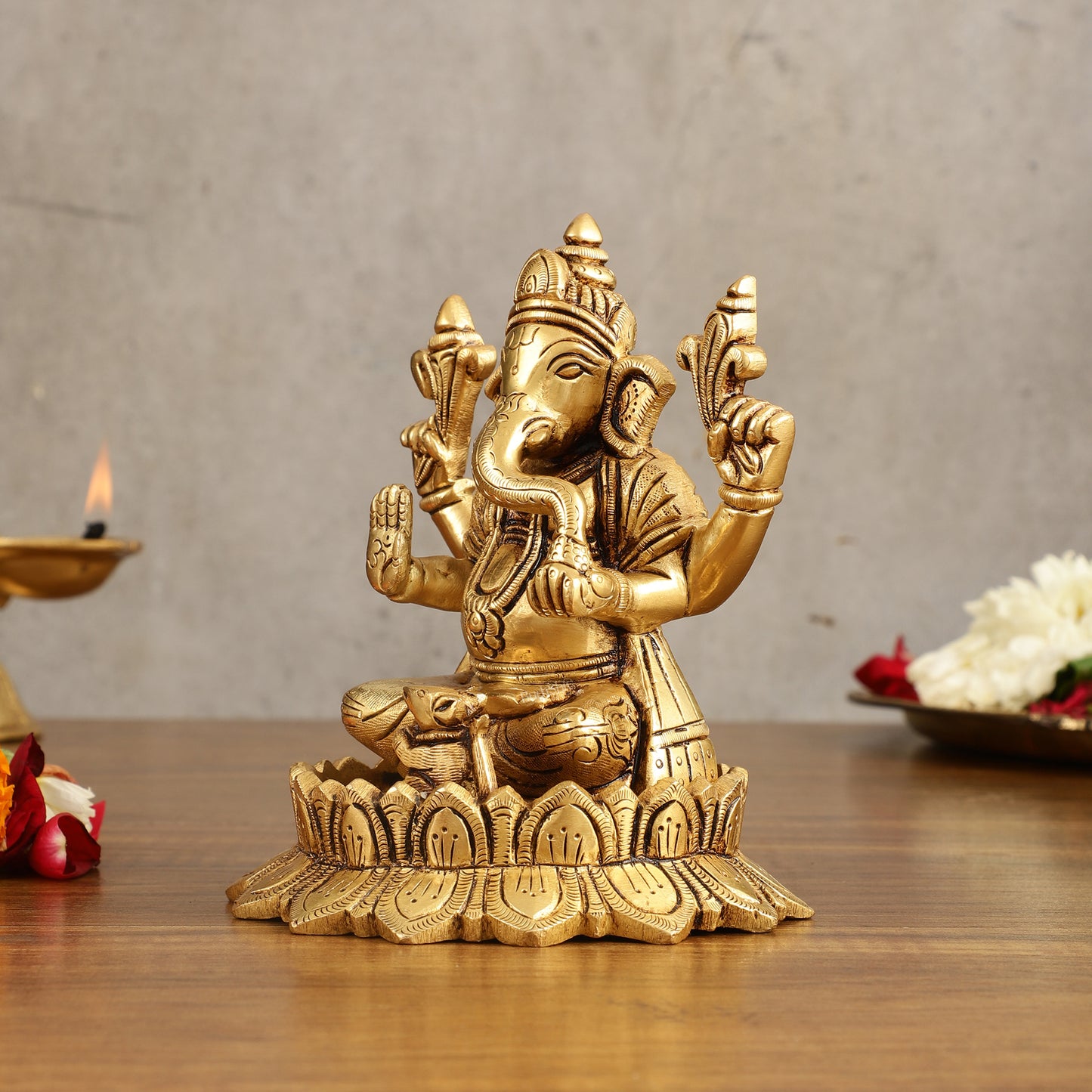 Pure Brass Handcrafted Lord Ganesha on Lotus Idol - 6 in Height