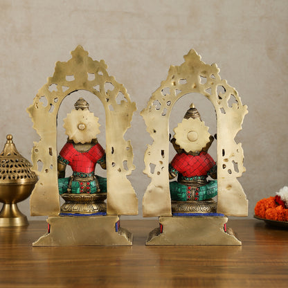 Brass Lord Ganesha and Goddess Lakshmi Idols with meenakari Stonework 12 inch