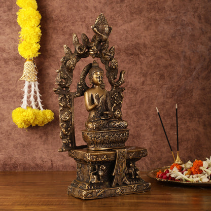 Pure Brass Buddha Seated on Engraved Aasan and Arch - 16"