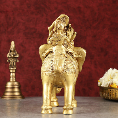 Pure Brass Handcrafted Ganesha with Riddhi Siddhi on Elephant Statue - 7.5"