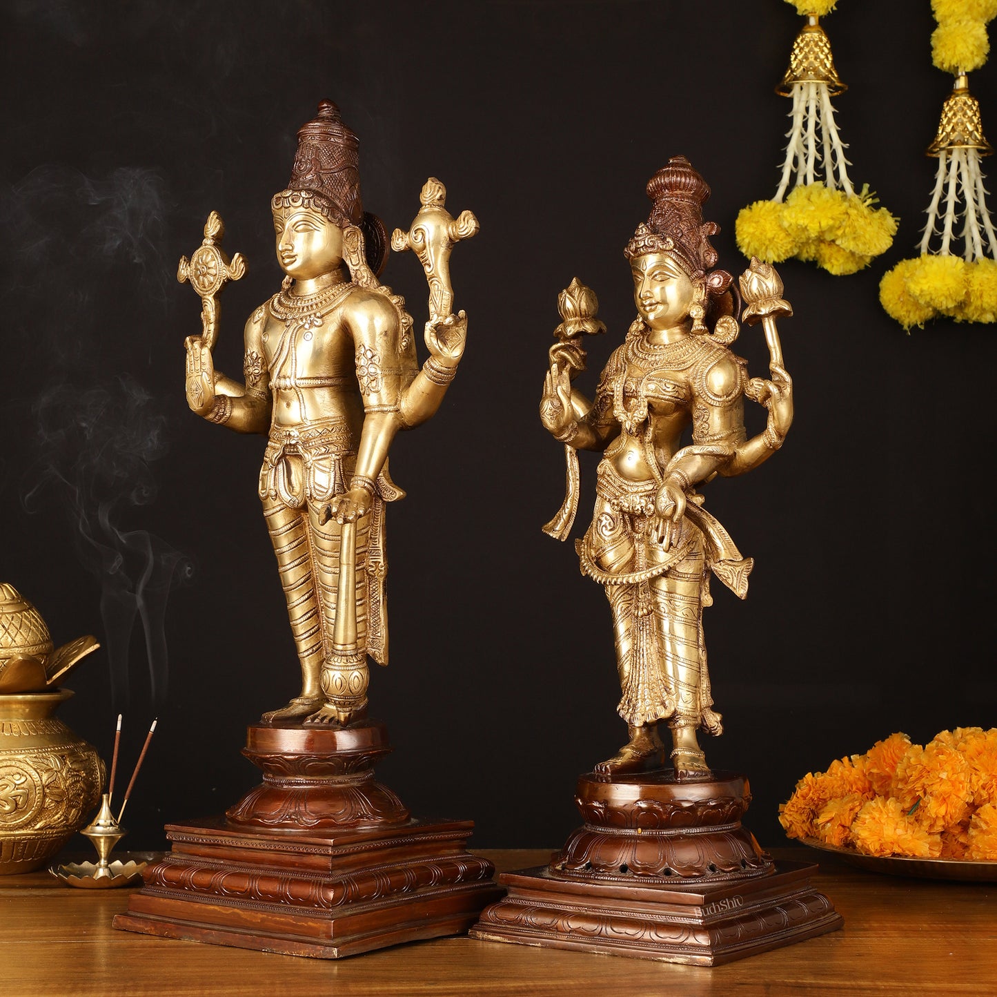 Brass Superfine Vishnu and Goddess Lakshmi Statues - Elegant Dual Tone Pair 20.5"