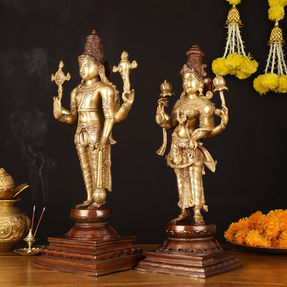 Brass Superfine Vishnu and Goddess Lakshmi Statues - Elegant Dual Tone Pair 20.5"