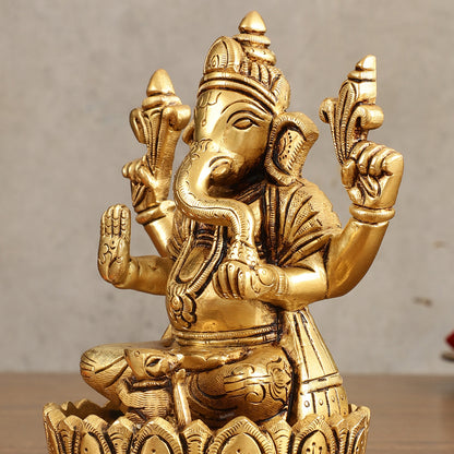 Pure Brass Handcrafted Lord Ganesha on Lotus Idol - 6 in Height