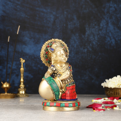 Pure Brass Makhan Chor Bal Gopal Krishna Idol Multicolour 6"