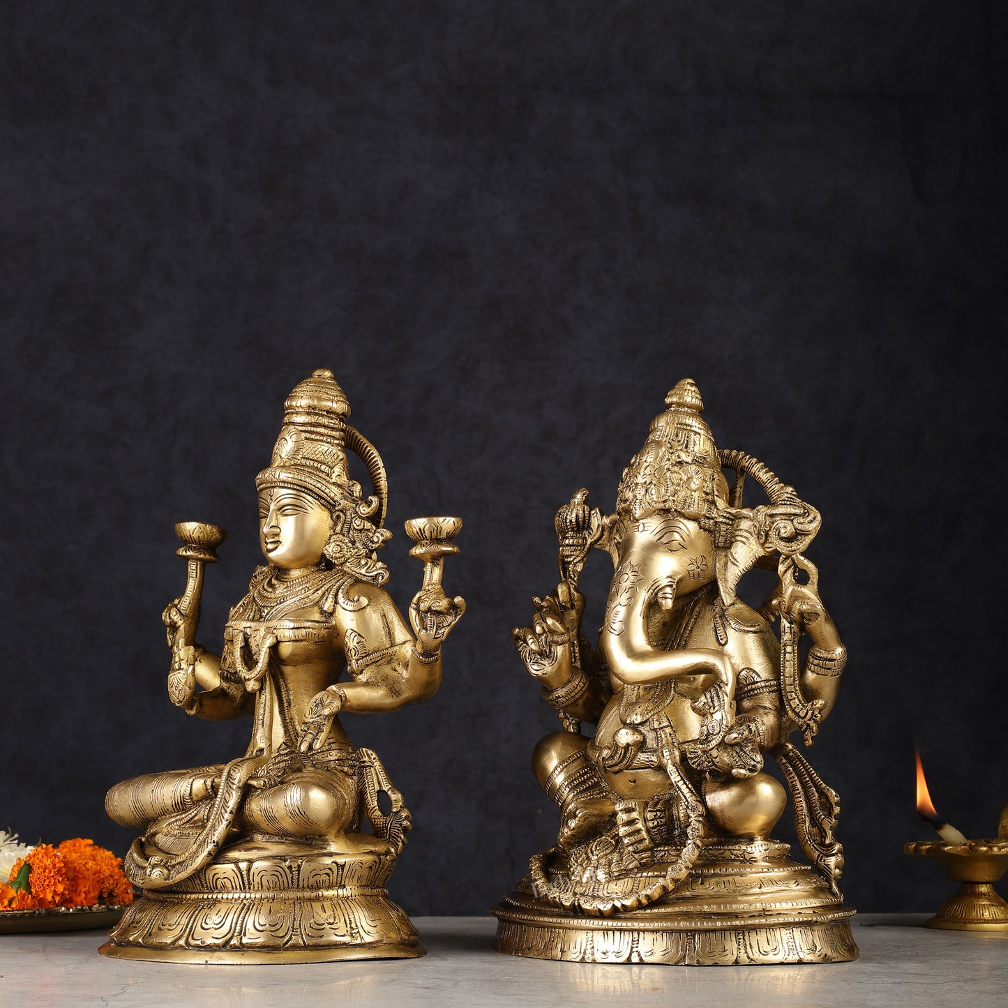 Finely Crafted Pure Brass Ganesh Lakshmi Idol Set 10"