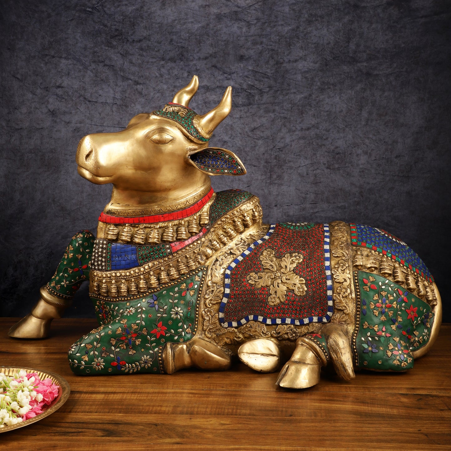 Handcrafted Brass Nandi Bull Statue with Stonework | 21x35x15 Inch