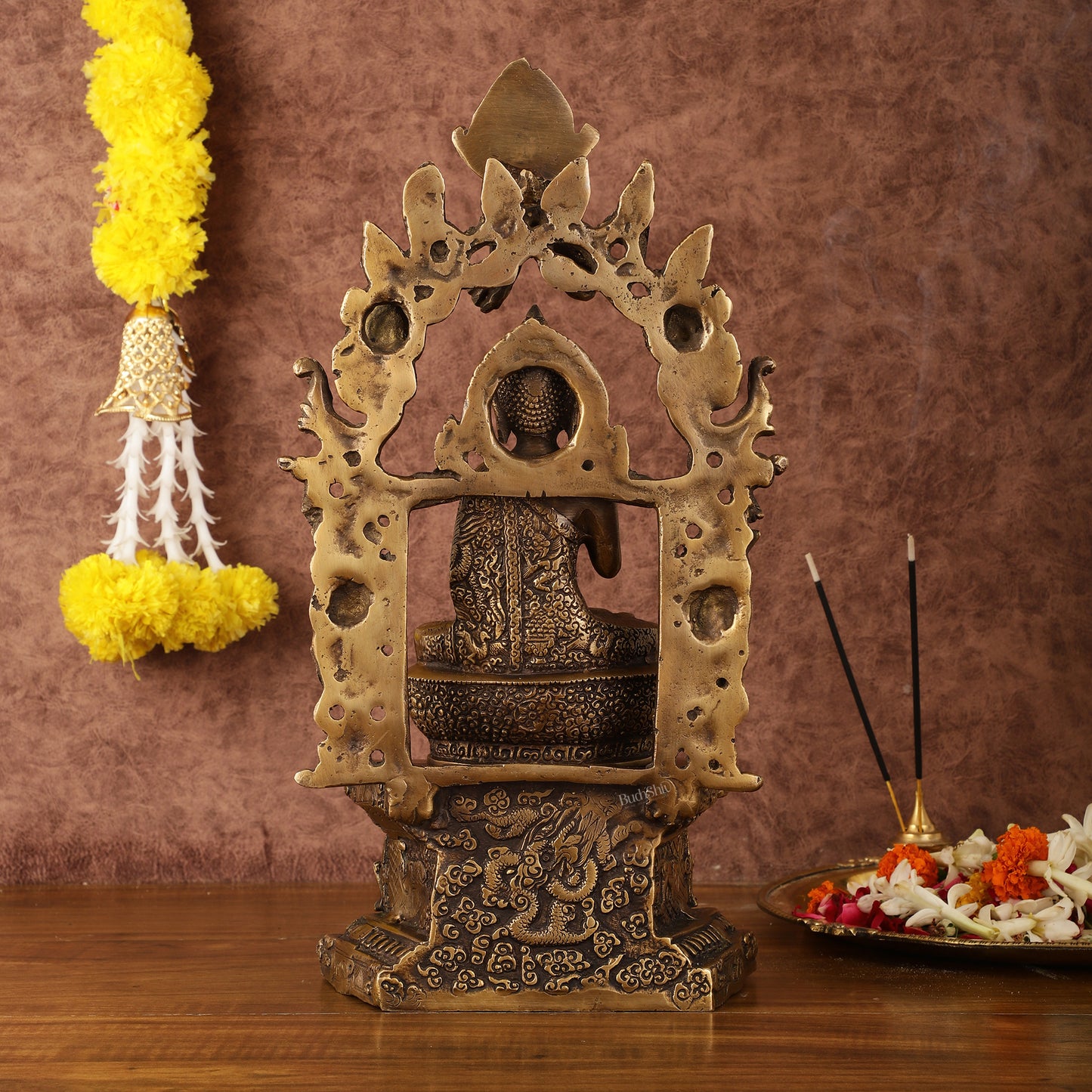 Pure Brass Buddha Seated on Engraved Aasan and Arch - 16"