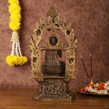 Pure Brass Buddha Seated on Engraved Aasan and Arch - 16"