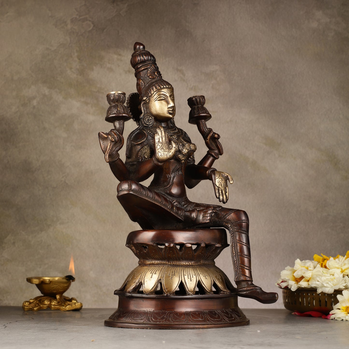 Lakshmi Brass Statue 12 inch antique brown