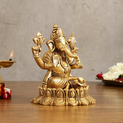 Pure Brass Handcrafted Lord Ganesha on Lotus Idol - 6 in Height