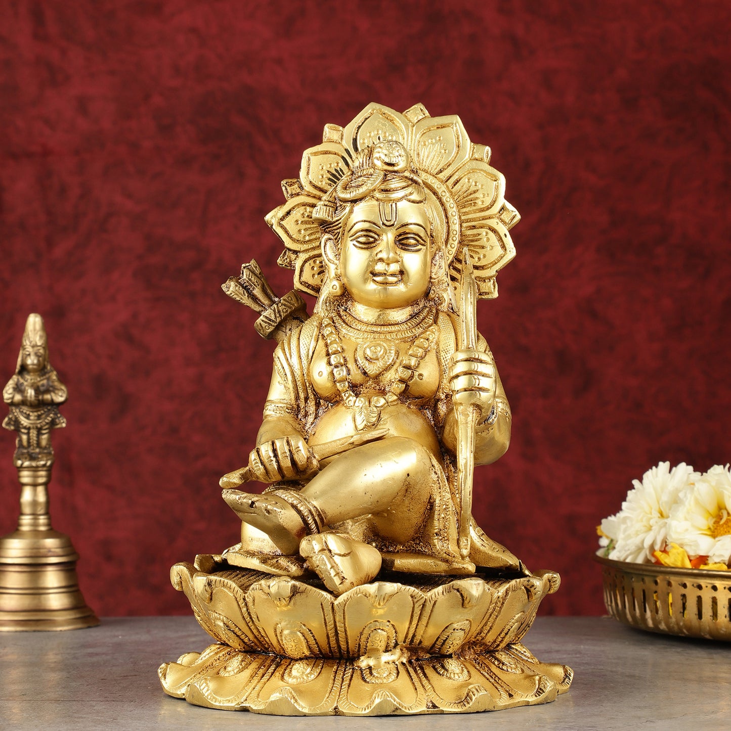 Pure Brass Ram Lalla Seated on Lotus Idol - 9" matte gold