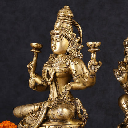 Finely Crafted Pure Brass Ganesh Lakshmi Idol Set 10"