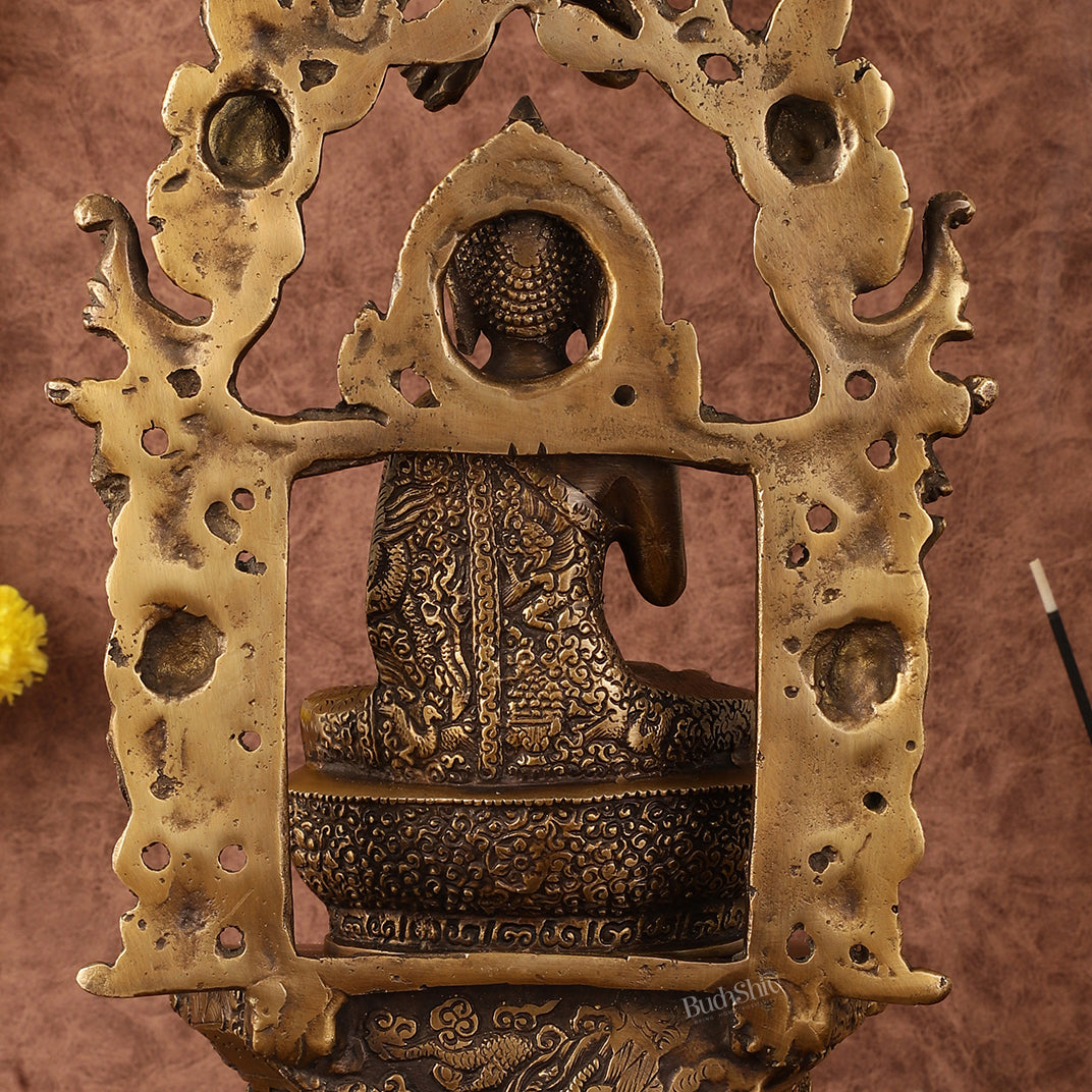 Pure Brass Buddha Seated on Engraved Aasan and Arch - 16"