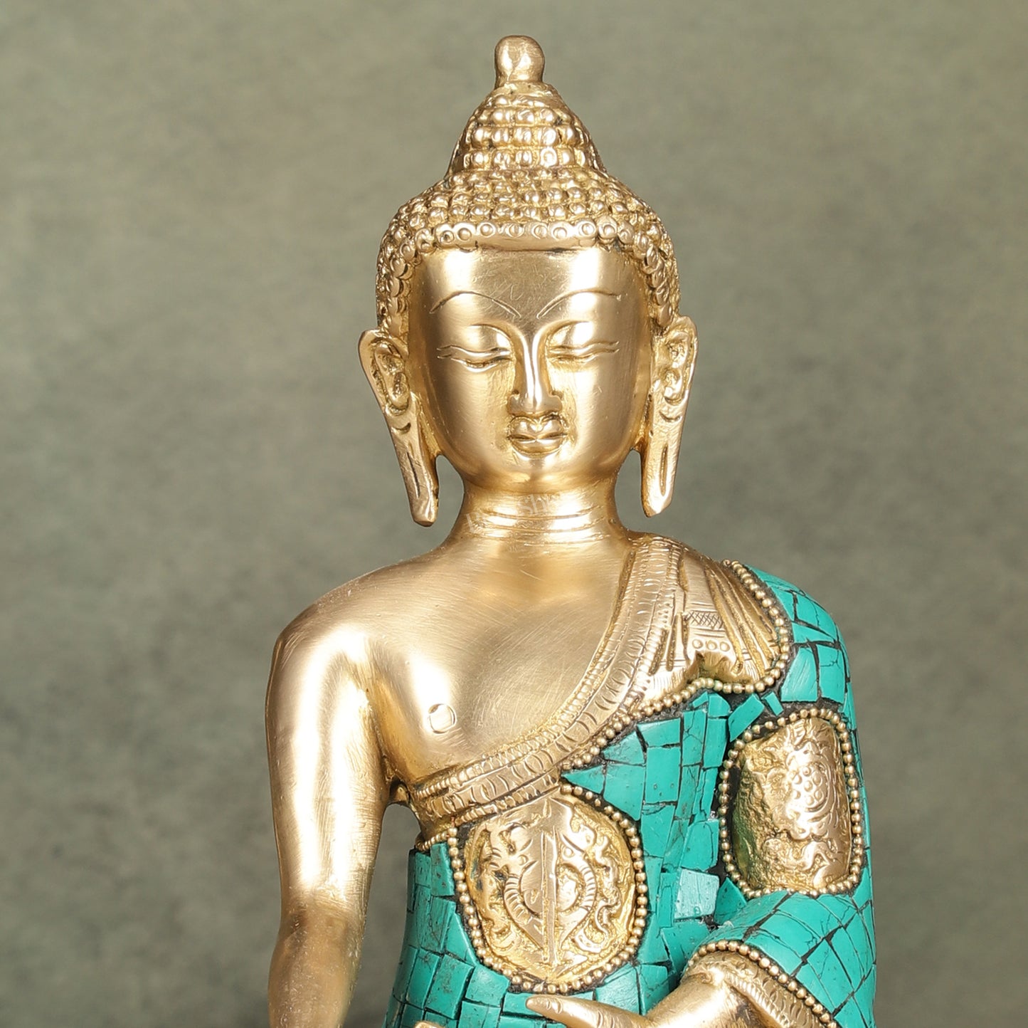Brass Buddha Statue with Exquisite Stonework 8"