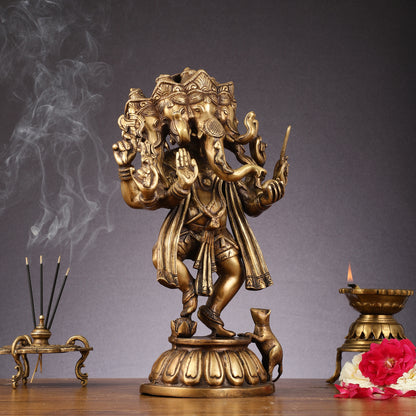 Brass Dancing Panchmukhi Ganesha Statue - 15 Inch tall