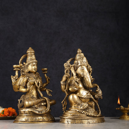 Finely Crafted Pure Brass Ganesh Lakshmi Idol Set 10"