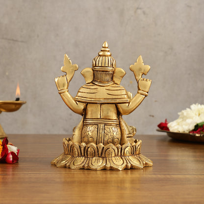 Pure Brass Handcrafted Lord Ganesha on Lotus Idol - 6 in Height