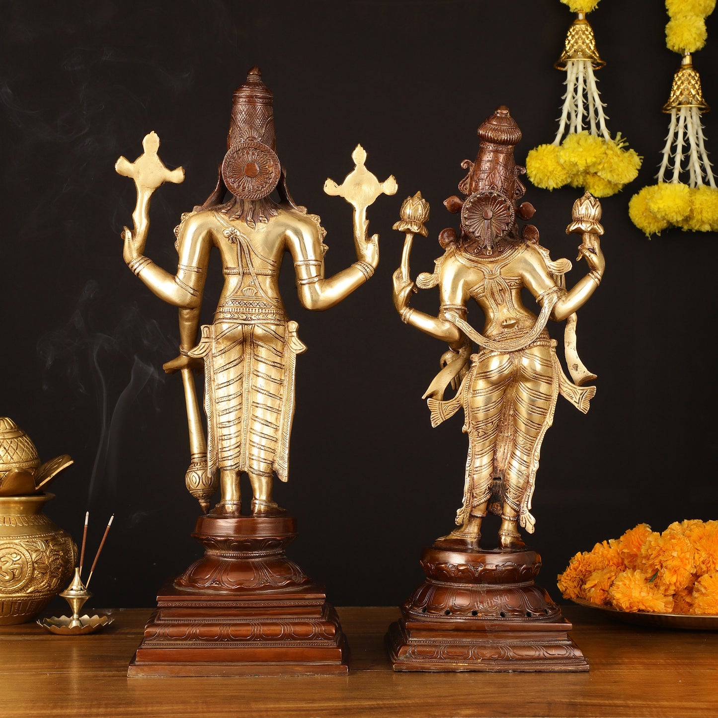 Brass Superfine Vishnu and Goddess Lakshmi Statues - Elegant Dual Tone Pair 20.5"