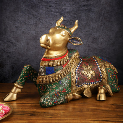 Handcrafted Brass Nandi Bull Statue with Stonework | 21x35x15 Inch