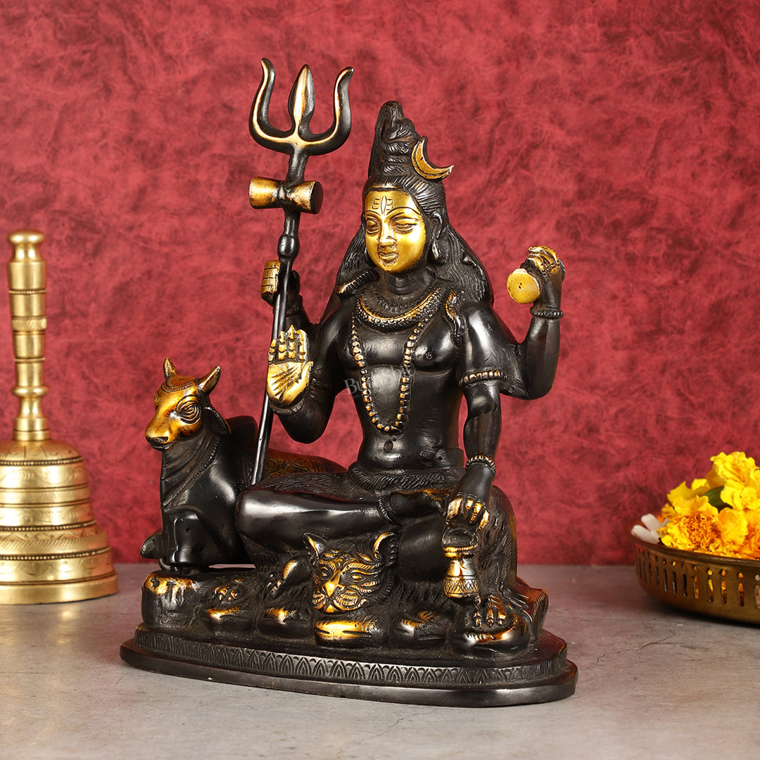 Brass Shiva statue with nandi 9" black antique