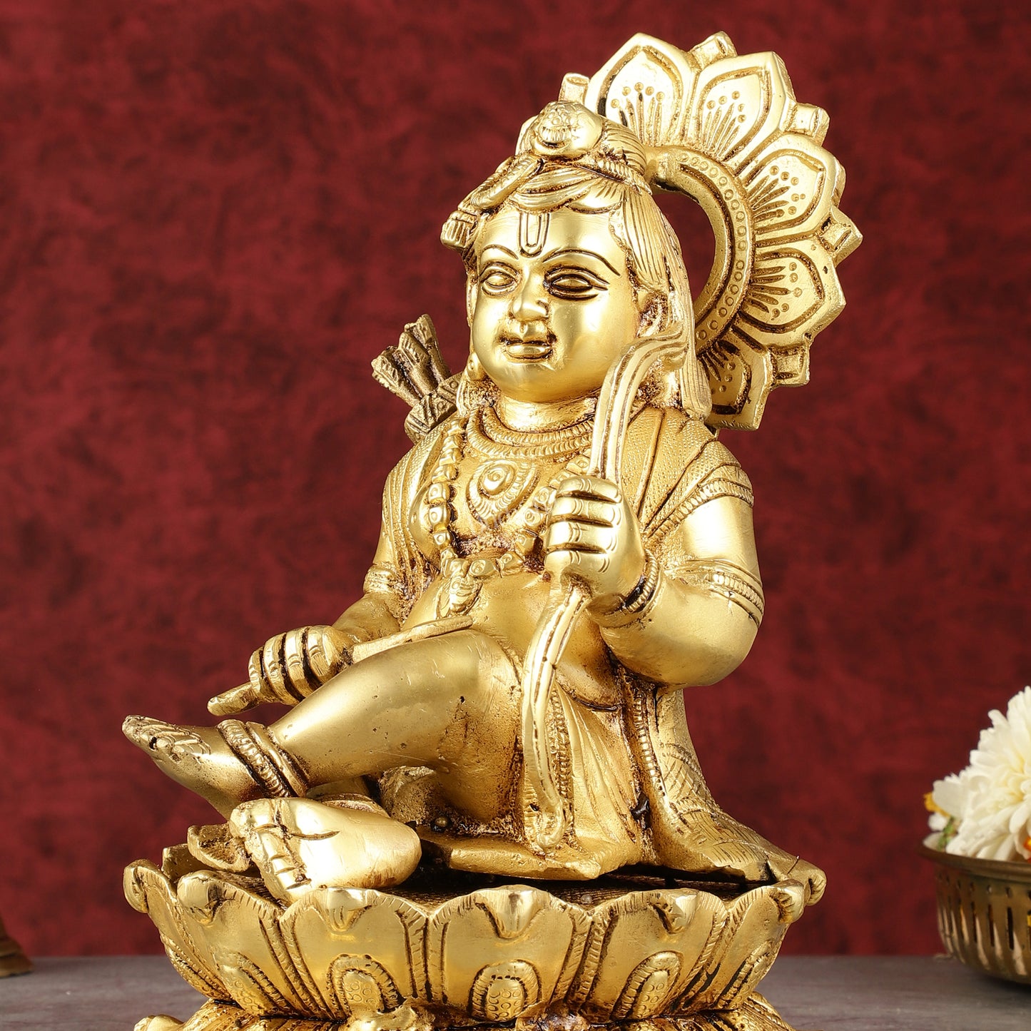 Pure Brass Ram Lalla Seated on Lotus Idol - 9" matte gold