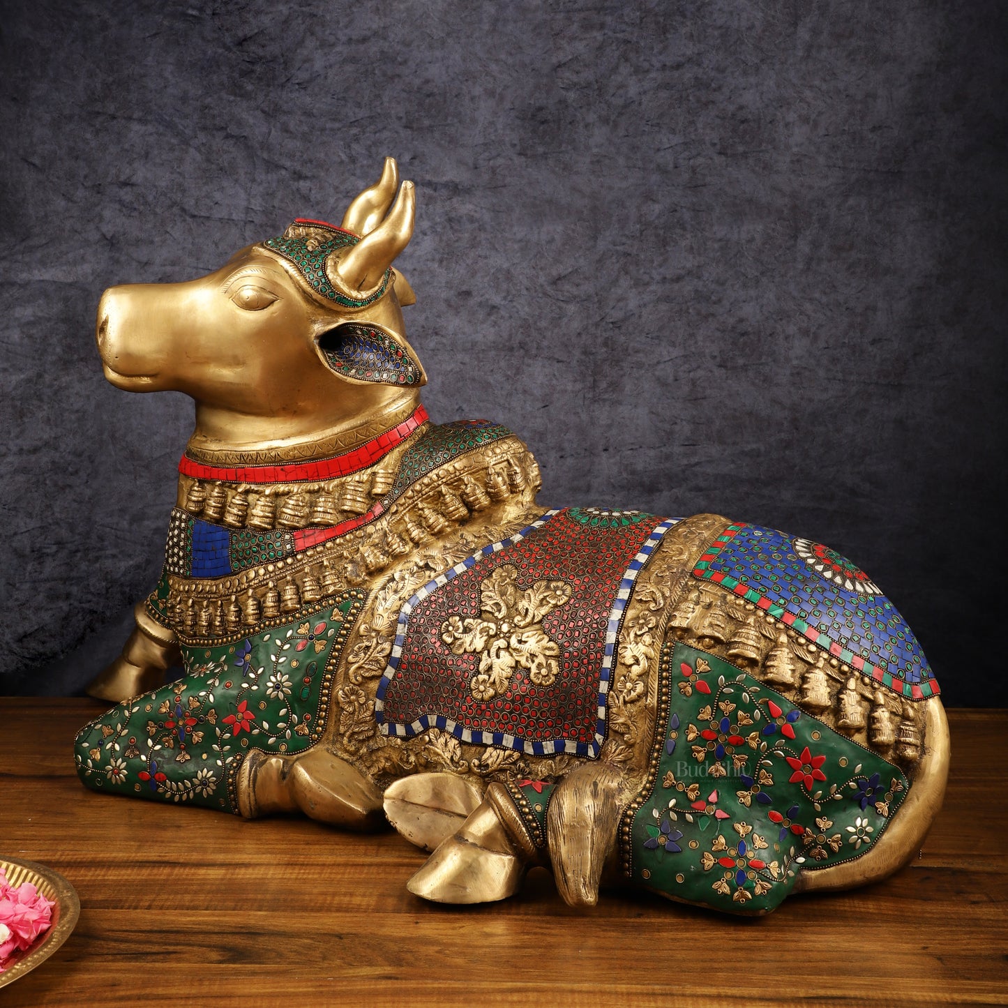 Handcrafted Brass Nandi Bull Statue with Stonework | 21x35x15 Inch