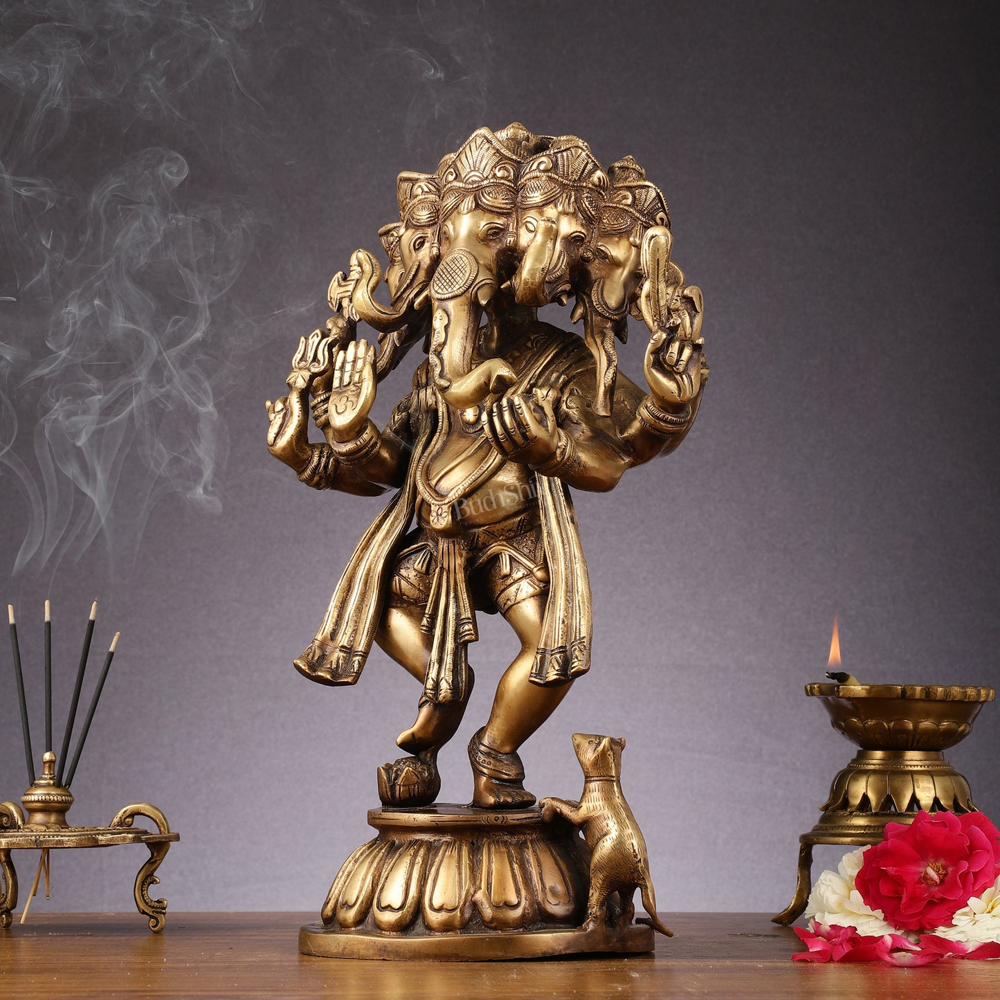 Brass Dancing Panchmukhi Ganesha Statue - 15 Inch tall