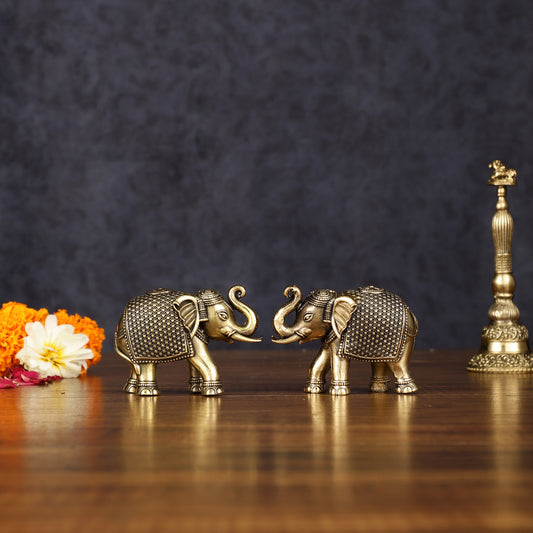 Pure Brass Intricately Carved Elephant Statue Miniature - 3 Inch pair