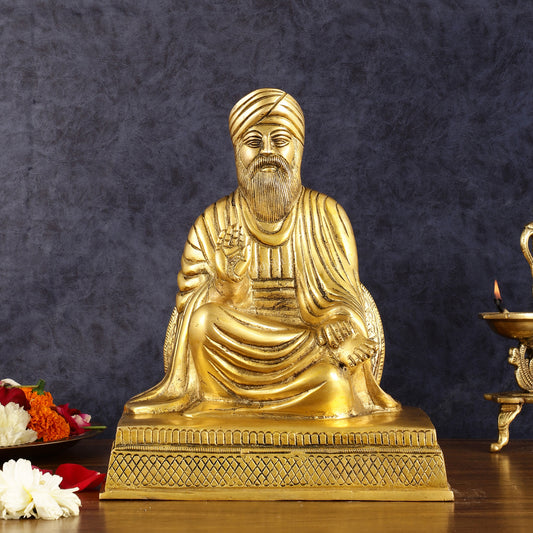 Brass Baba Guru Nanak Dev Ji Statue - Sacred Sikh Religious Sculpture 11 inch