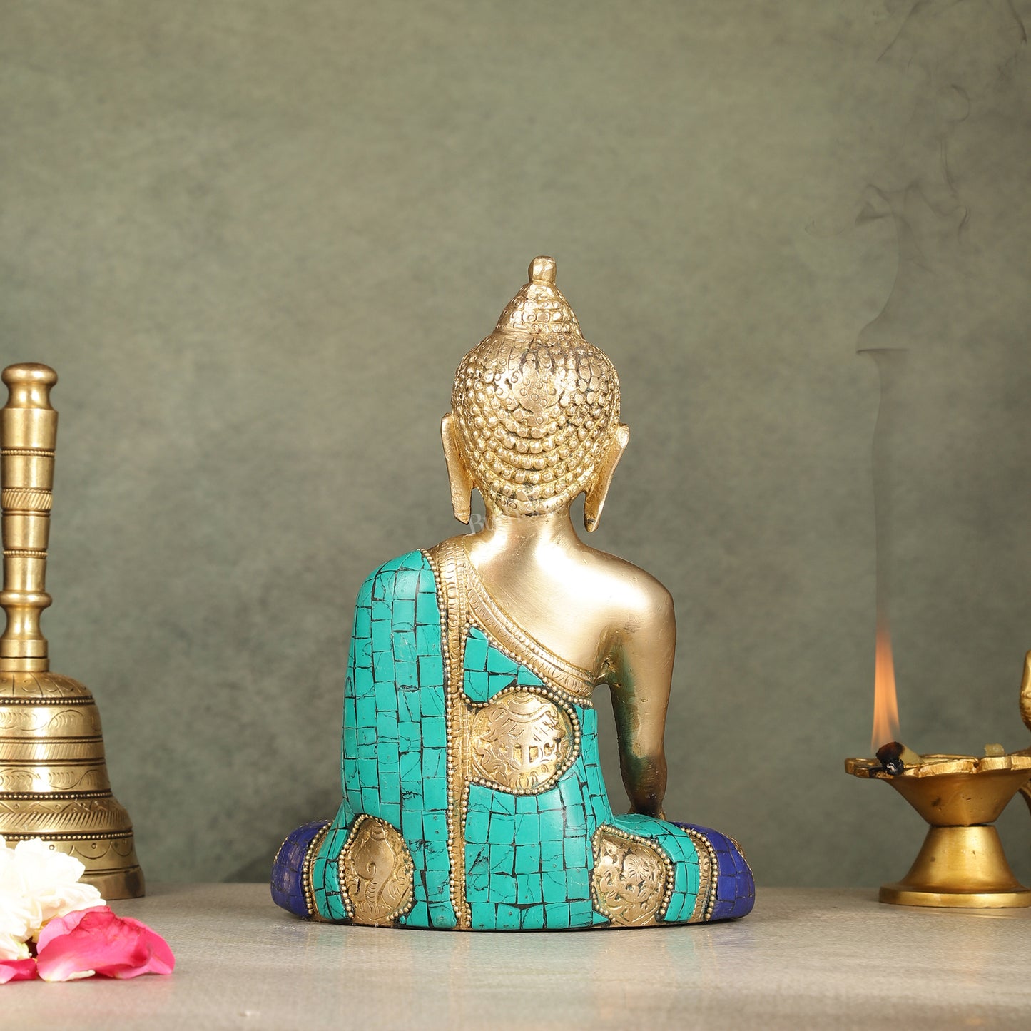 Brass Buddha Statue with Exquisite Stonework 8"