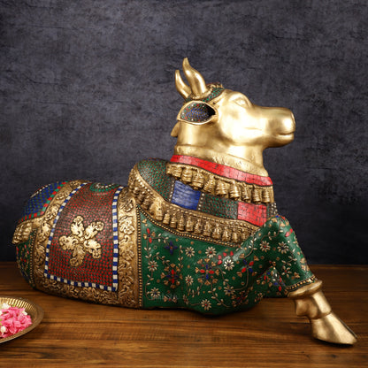 Handcrafted Brass Nandi Bull Statue with Stonework | 21x35x15 Inch