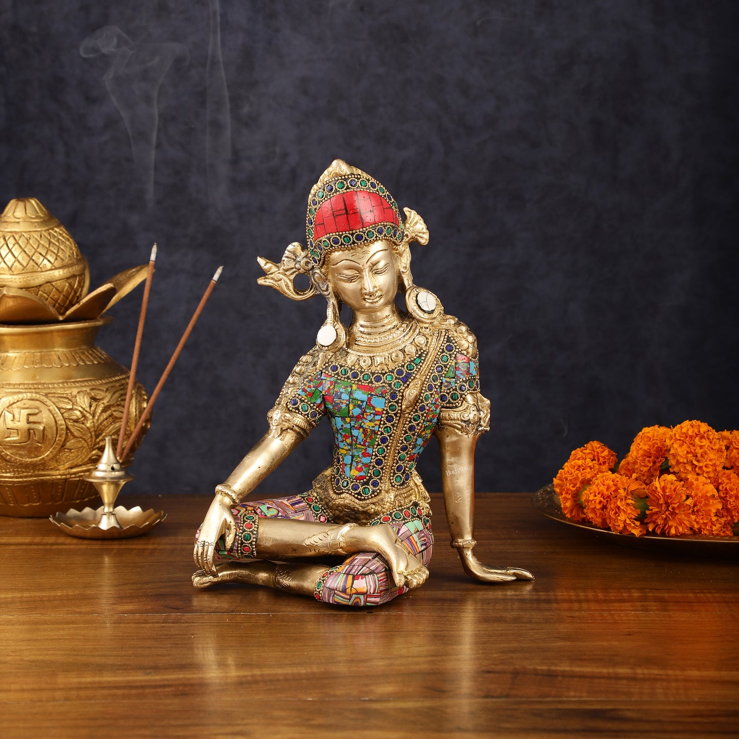 Brass Indra Dev Murti with Stonework - 9.5"