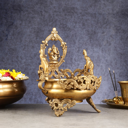 Handcrafted Brass Traditional Ganapati Urli Bowl with Elephants - 12-inch