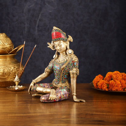 Brass Indra Dev Murti with Stonework - 9.5"