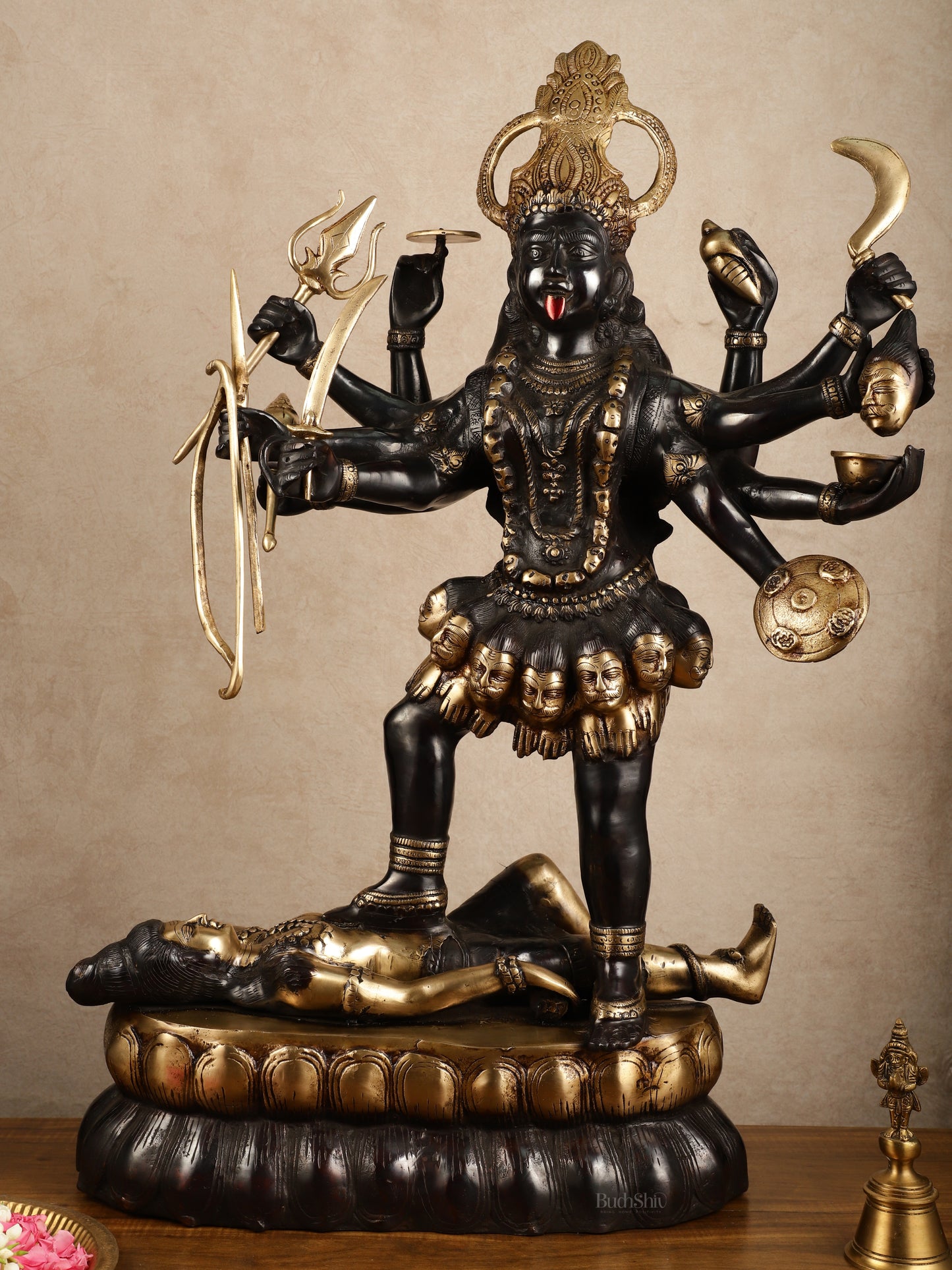 Brass Large Kali Mata Sculpture Black Edition | 33x18x9 Inch