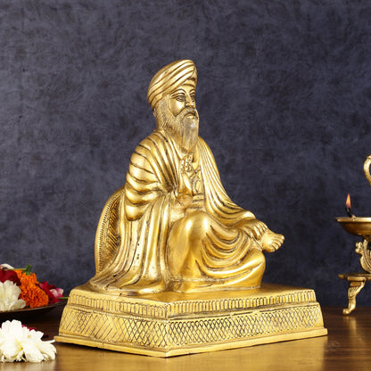 Brass Baba Guru Nanak Dev Ji Statue - Sacred Sikh Religious Sculpture 11 inch