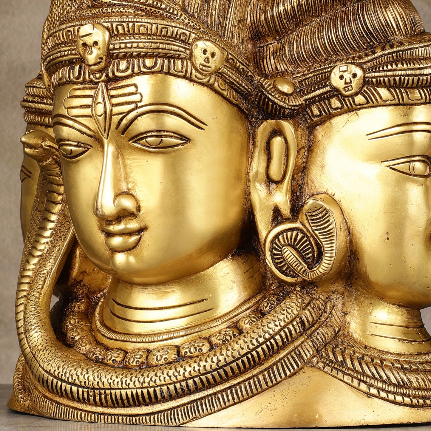 Pure Brass Superfine Three Faces Shiva with Parvati Table Accent Statue - 11"