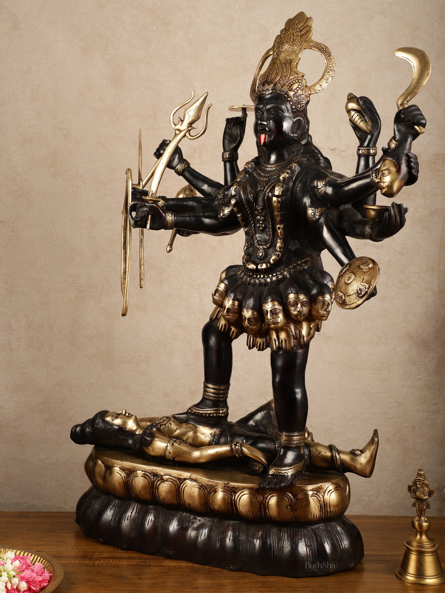 Brass Large Kali Mata Sculpture Black Edition | 33x18x9 Inch