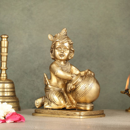 Brass Bal Gopal Makhan Chor - 7 inches | Divine Lord Krishna Idol